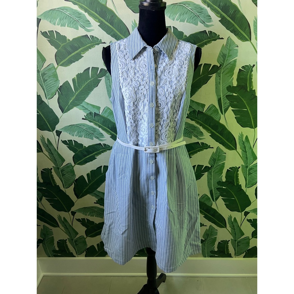 Madison Leigh Seersucker Lace Sleeveless Shirt Dress Belted Women 12 Blue White